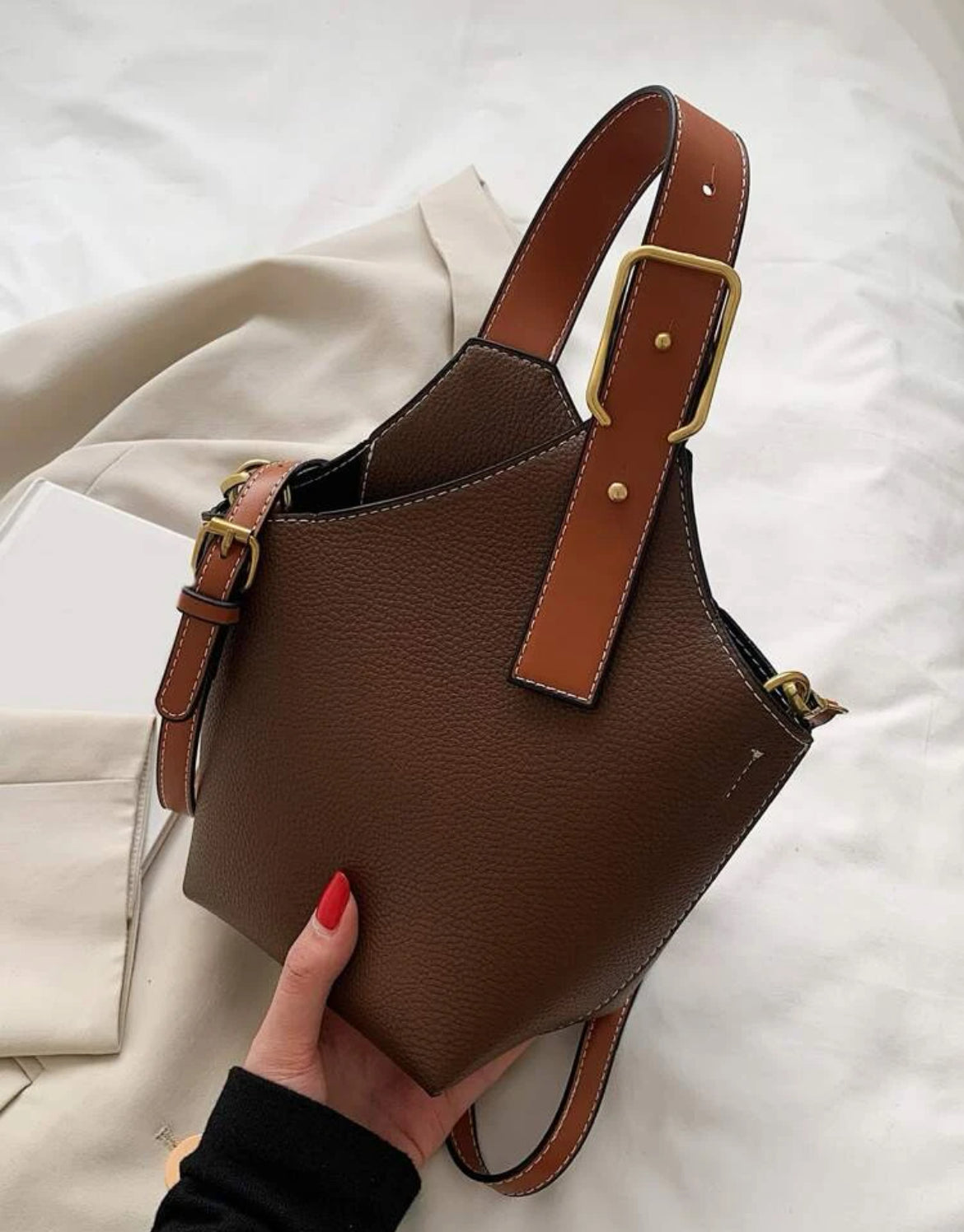 Vintage Bucket Handbags - Vegan Leather - Coffee