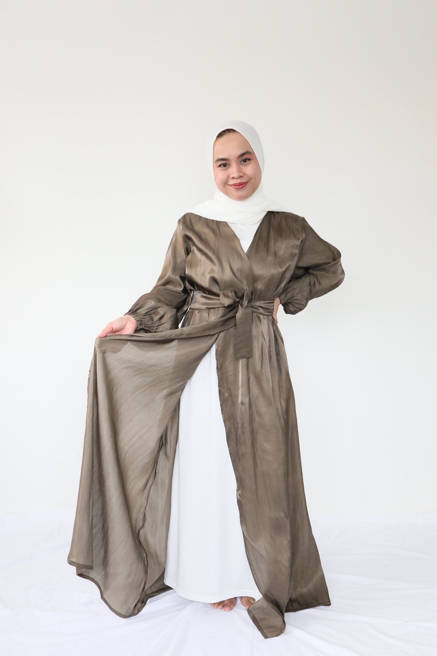 Shimmer silk Abaya + slip dress - Olives