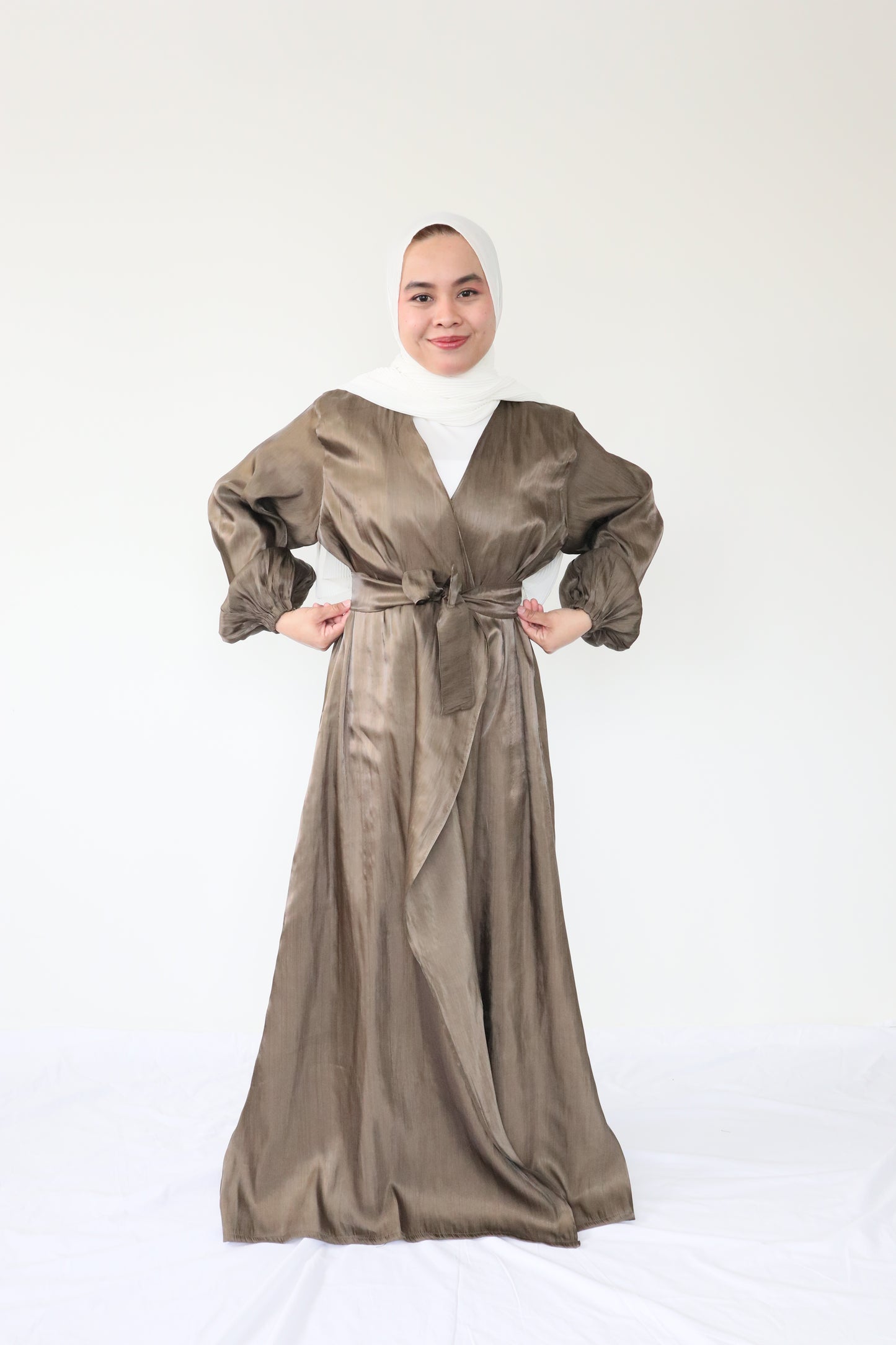 Shimmer silk Abaya + slip dress - Olives