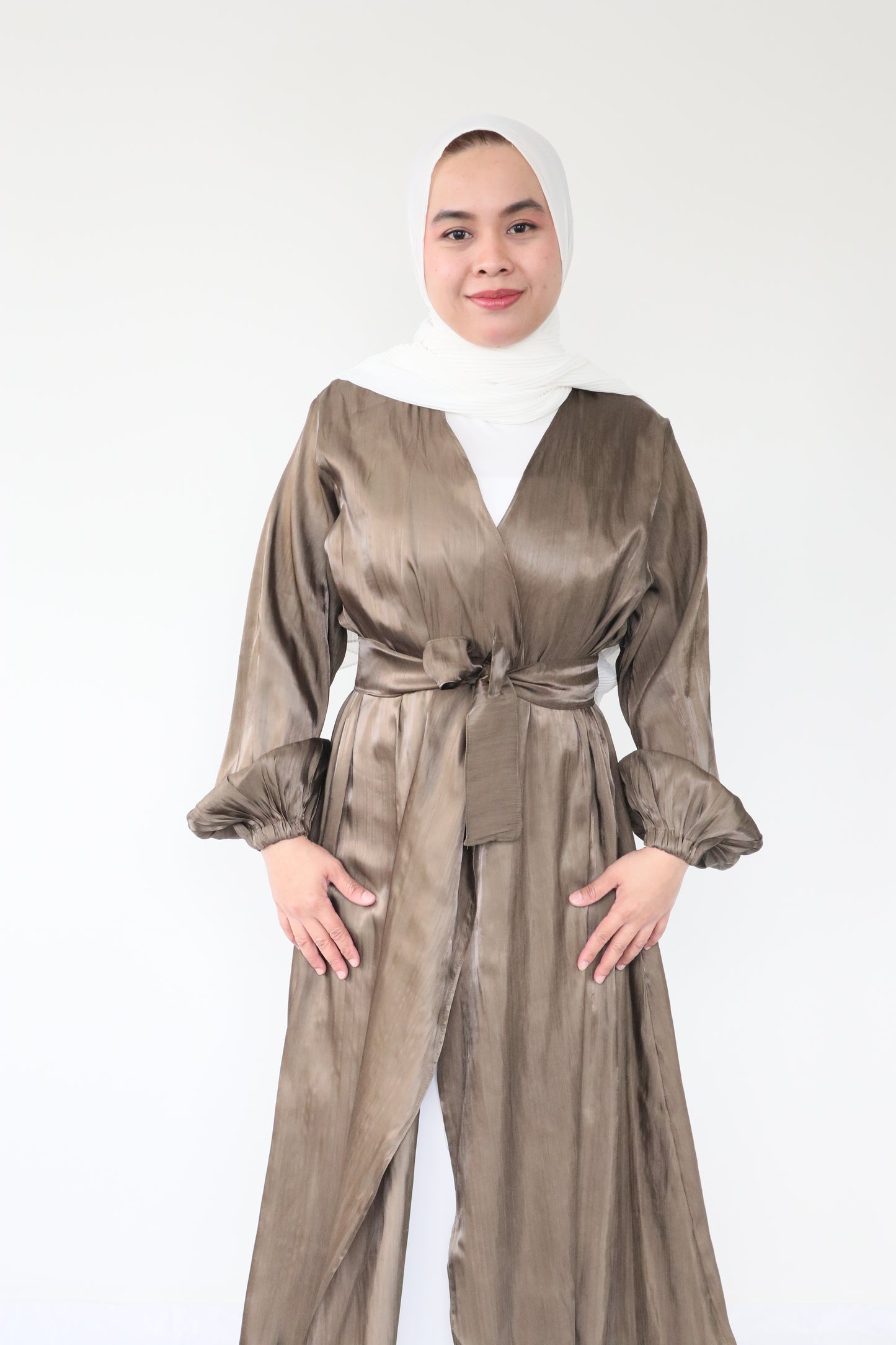 Shimmer silk Abaya + slip dress - Olives