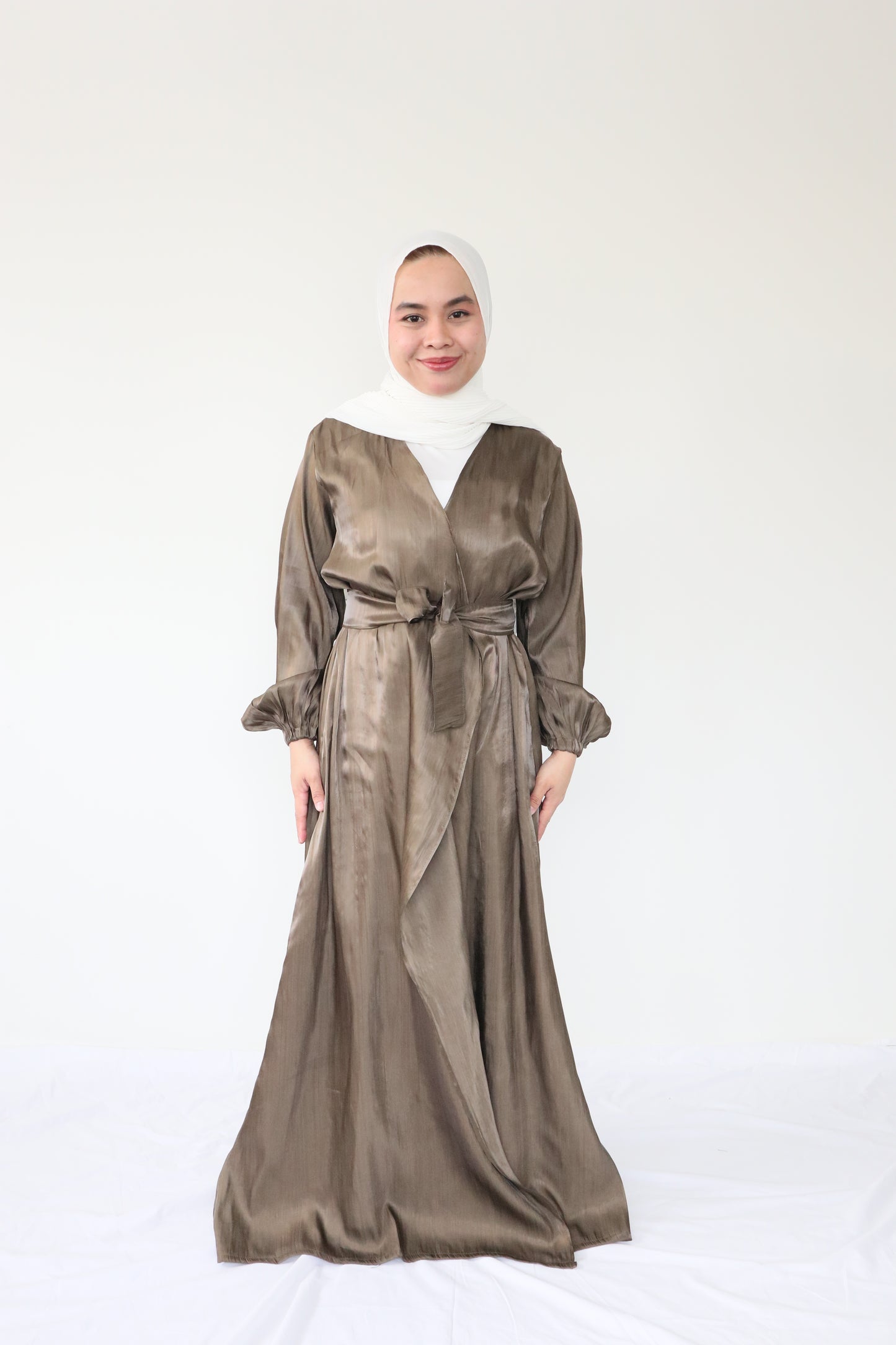 Shimmer silk Abaya + slip dress - Olives