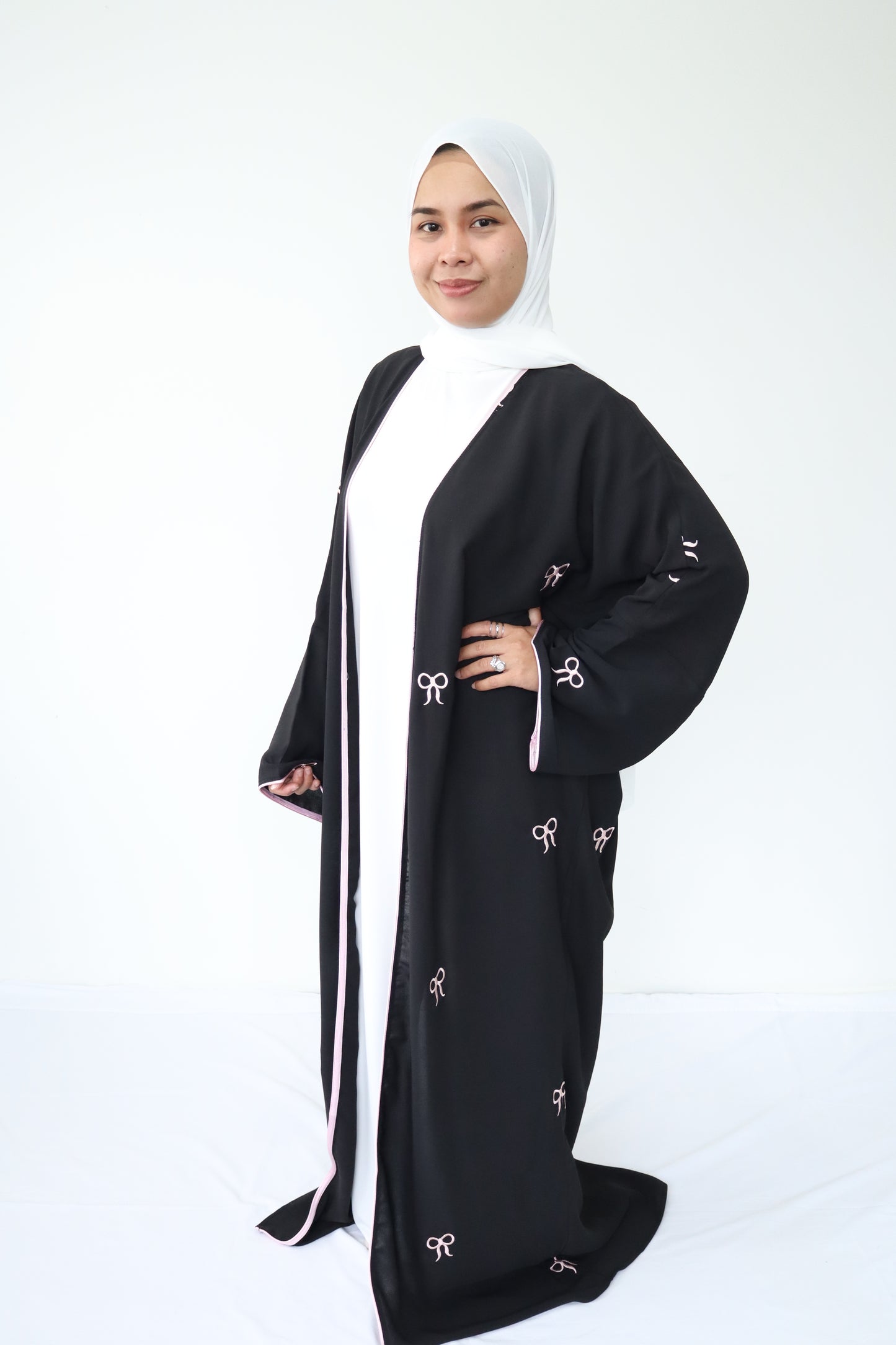 Bowknot open abaya set with white inner