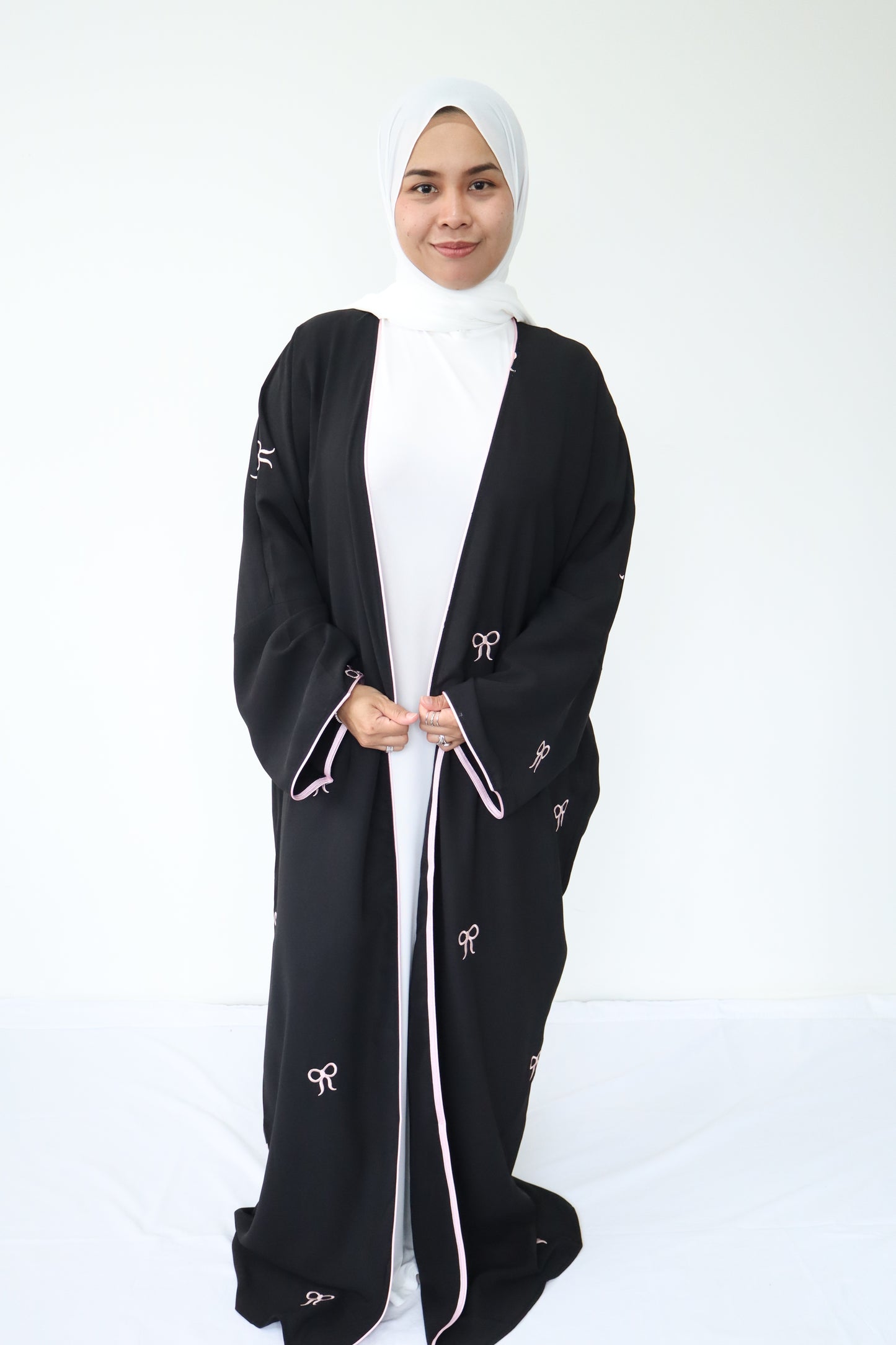 Bowknot open abaya set with white inner