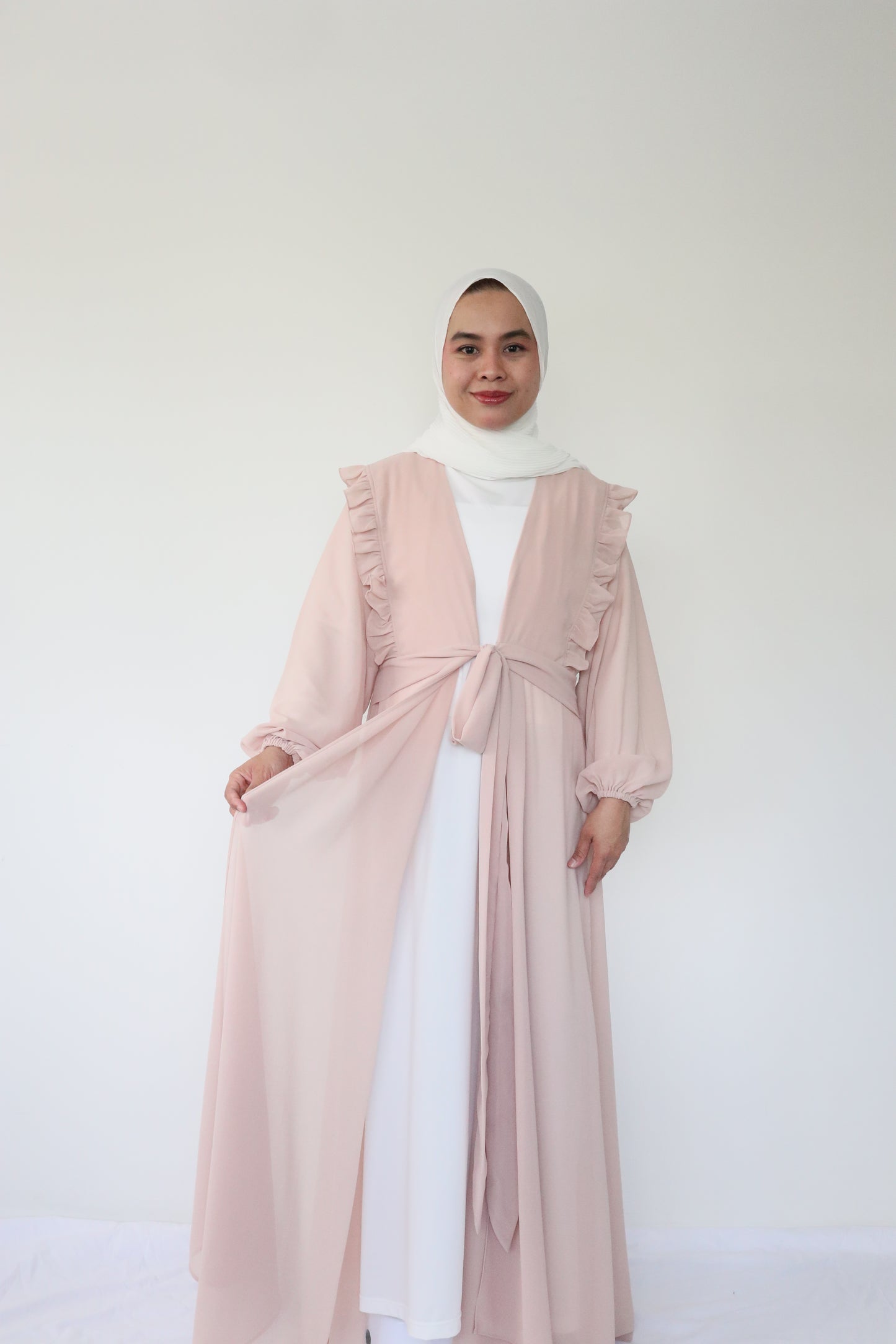 Ruffle Chiffon Abaya + slip dress - Beige