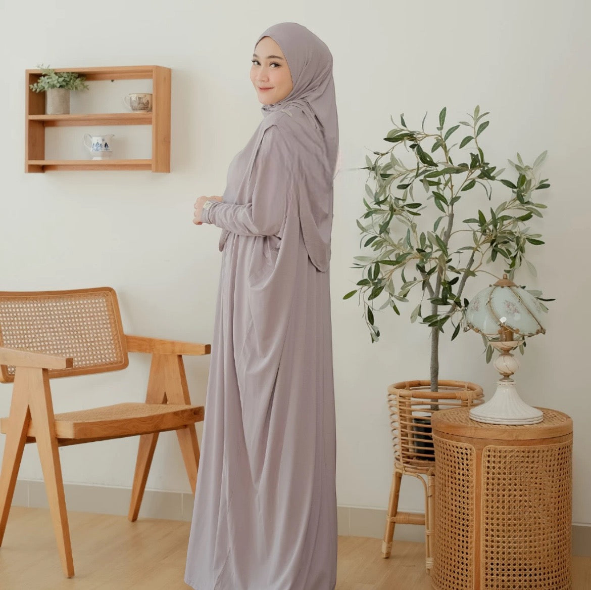 Humaira Abaya Set with Instant Hijab ( Breastfeeding friendly)- Ash Purple