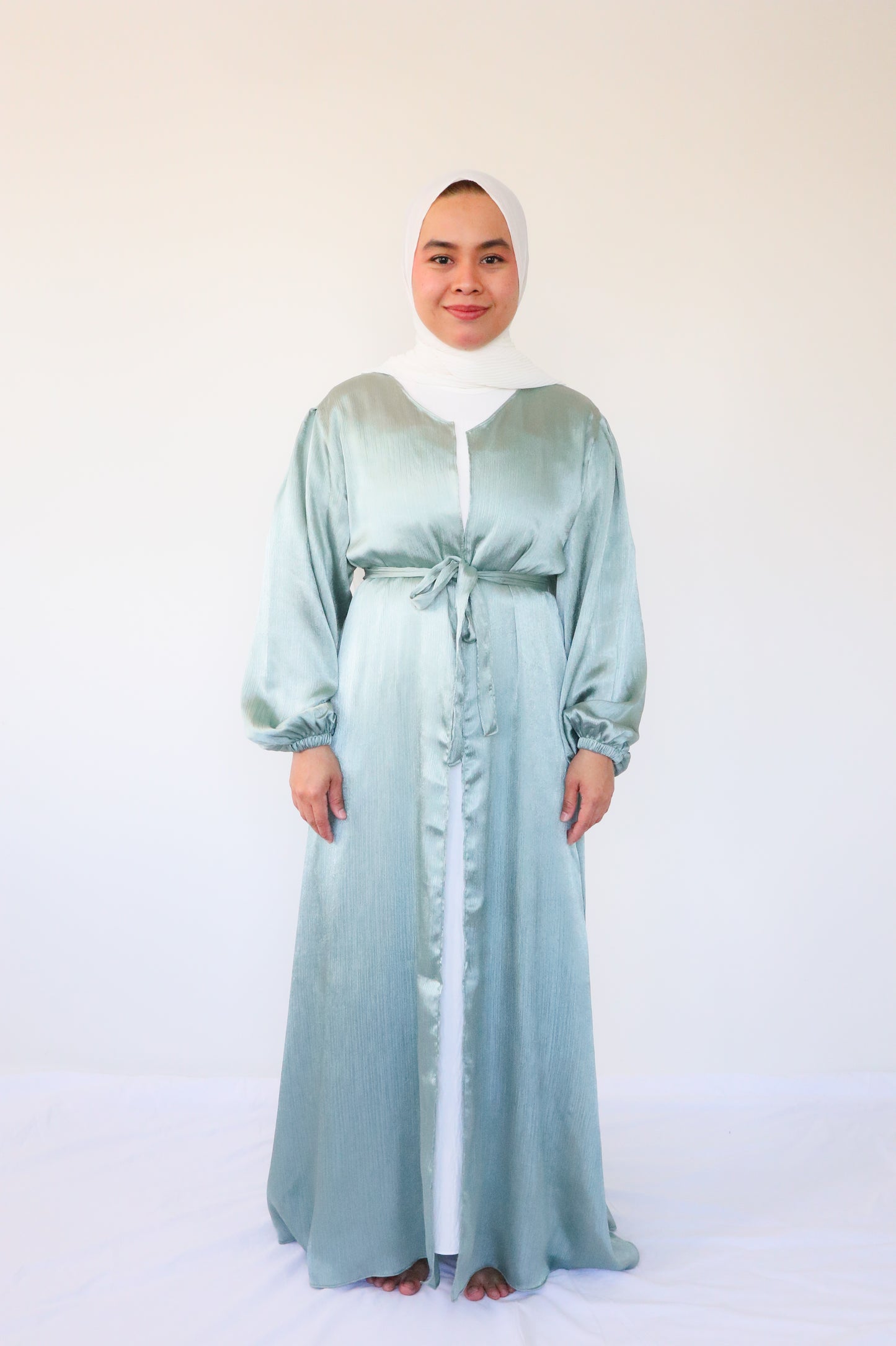 Textured silk Abaya + slip dress - Green tea