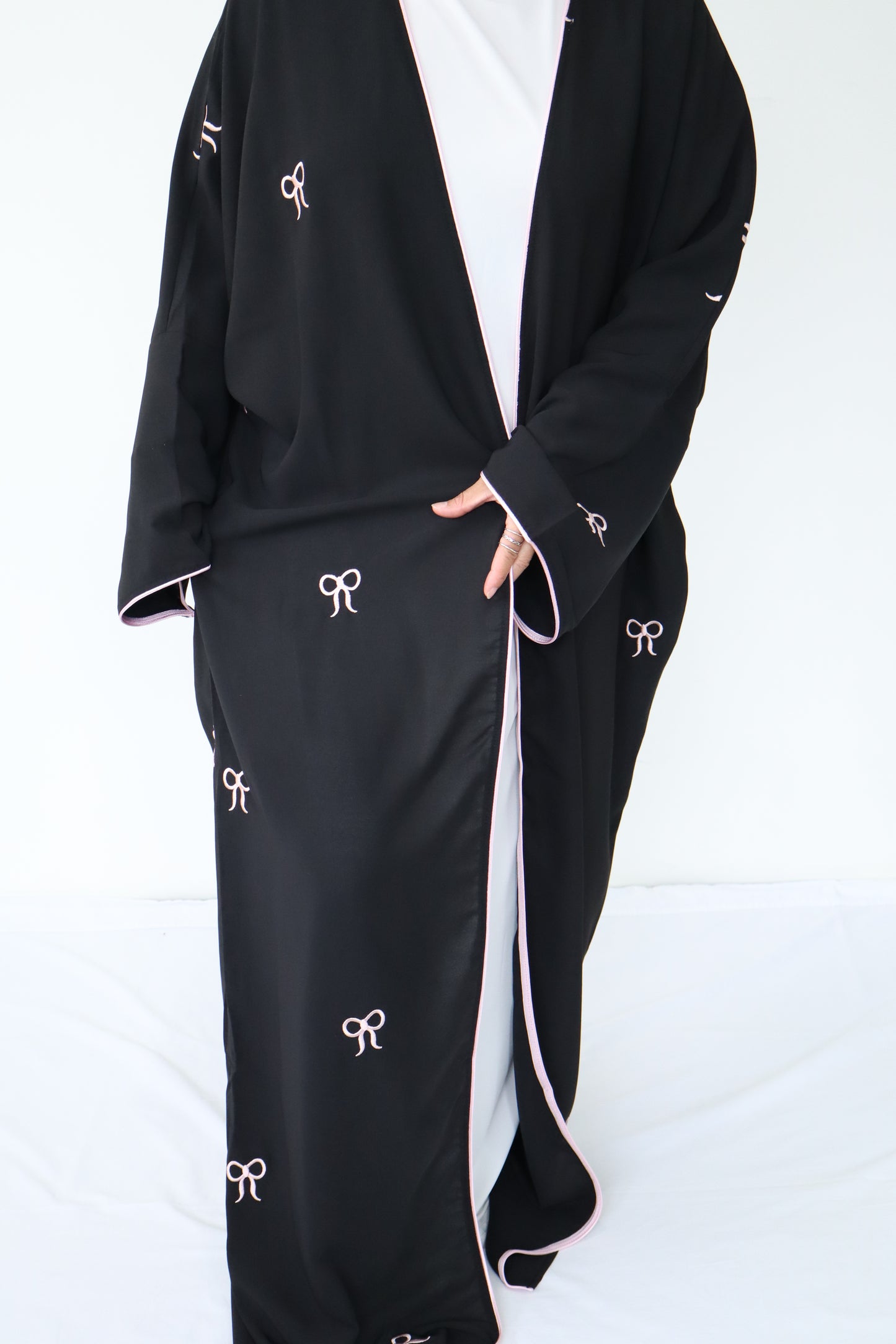 Bowknot open abaya set with white inner