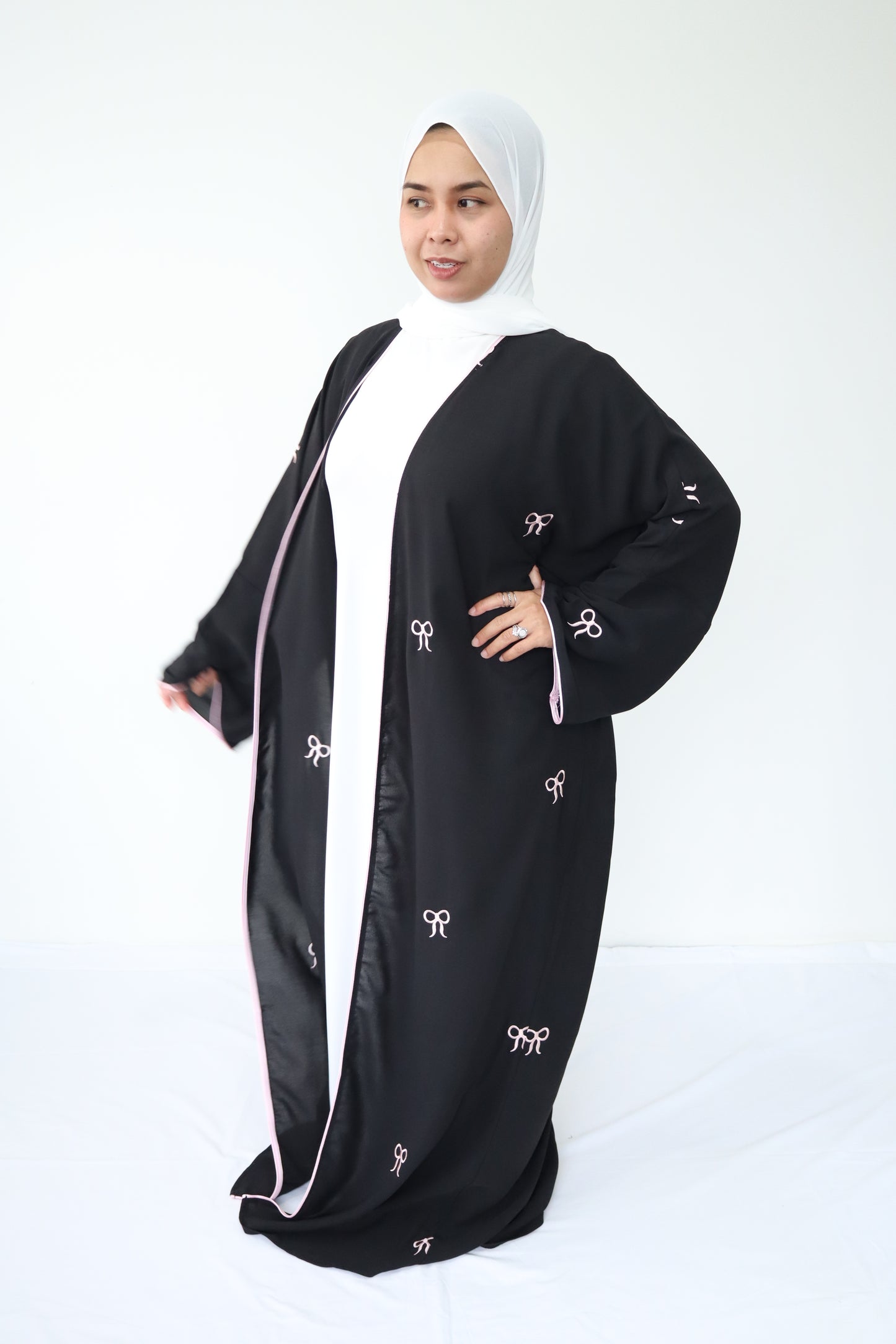 Bowknot open abaya set with white inner