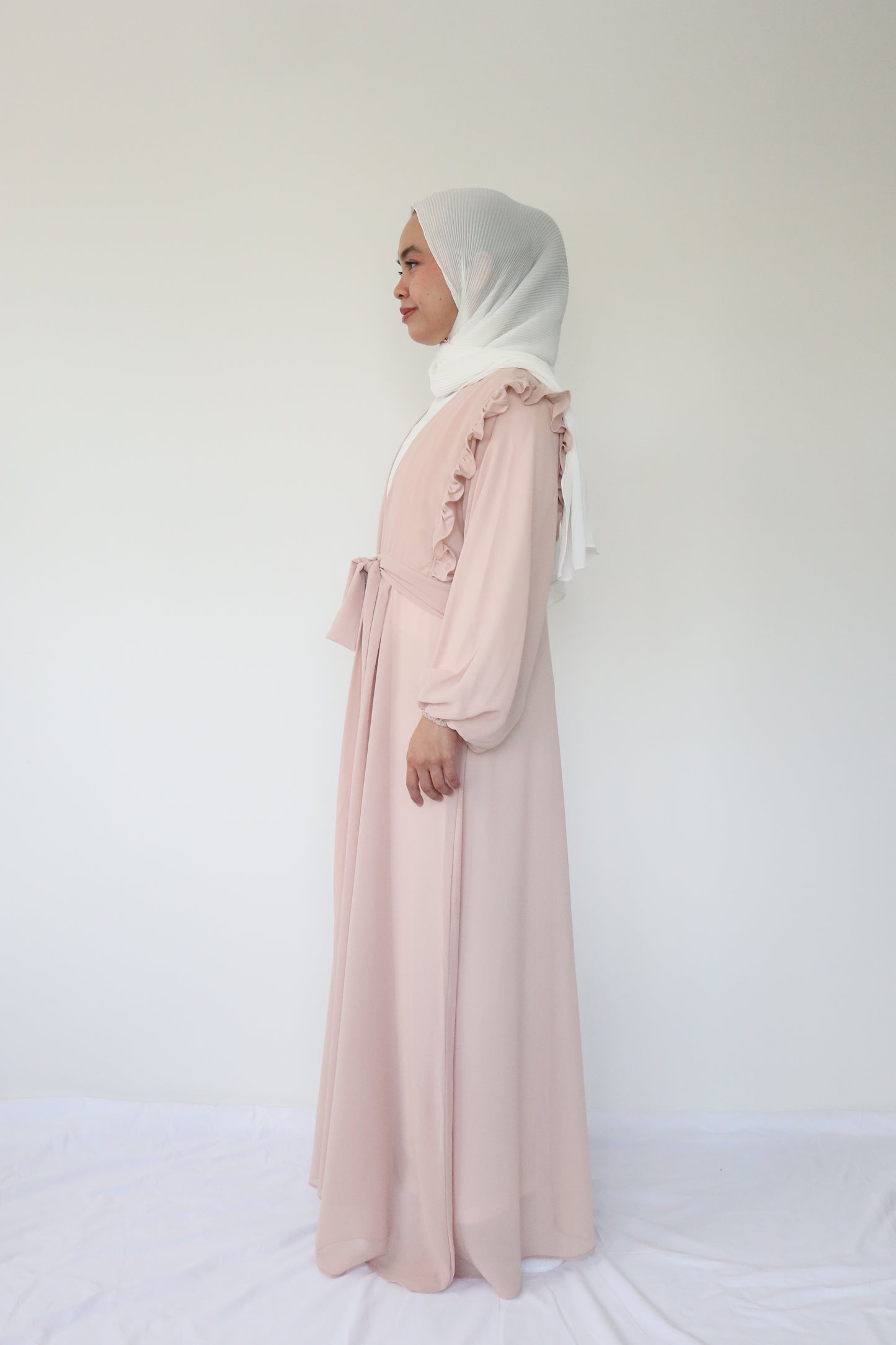 Ruffle Chiffon Abaya + slip dress - Beige