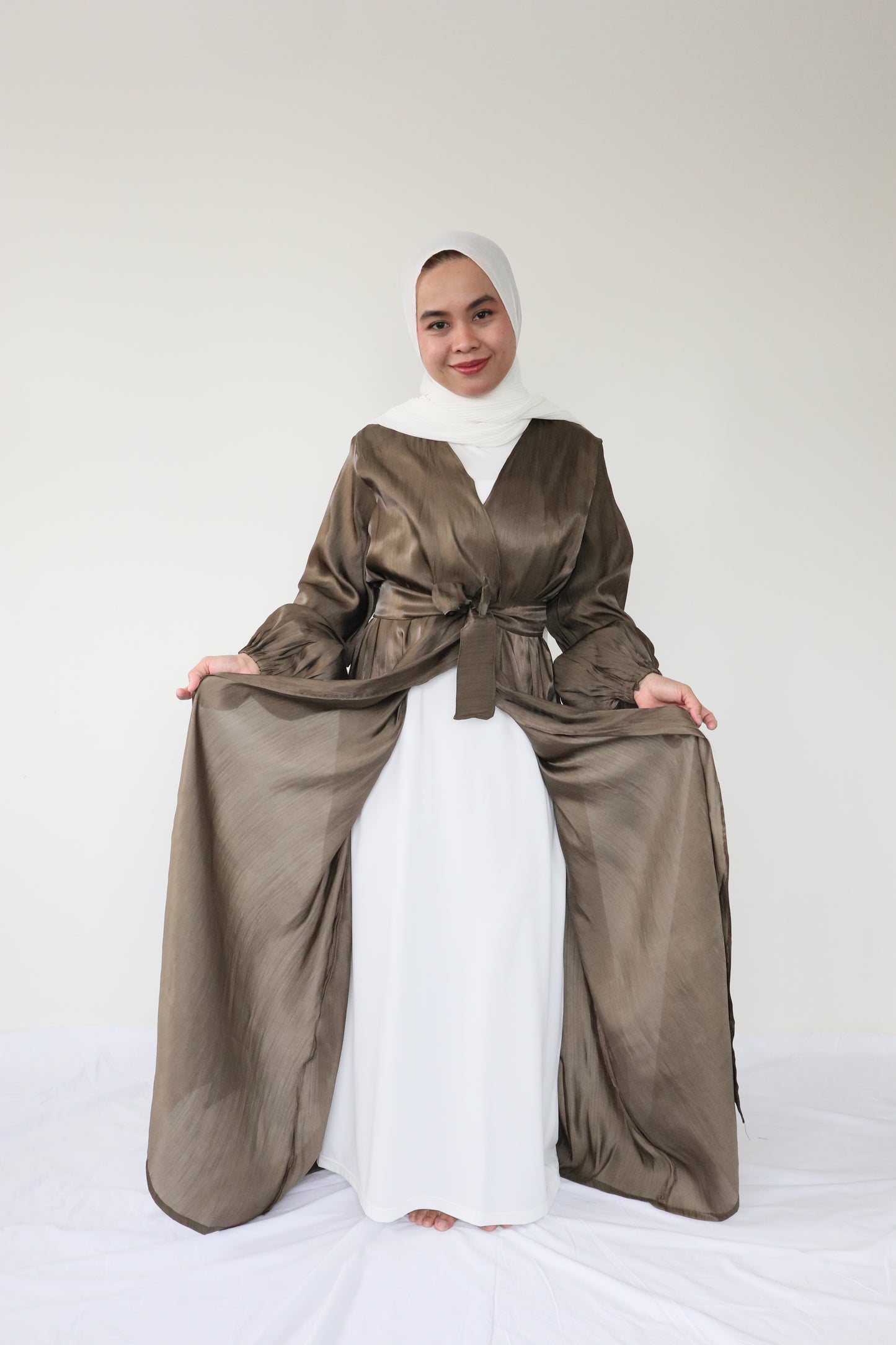 Shimmer silk Abaya + slip dress - Olives