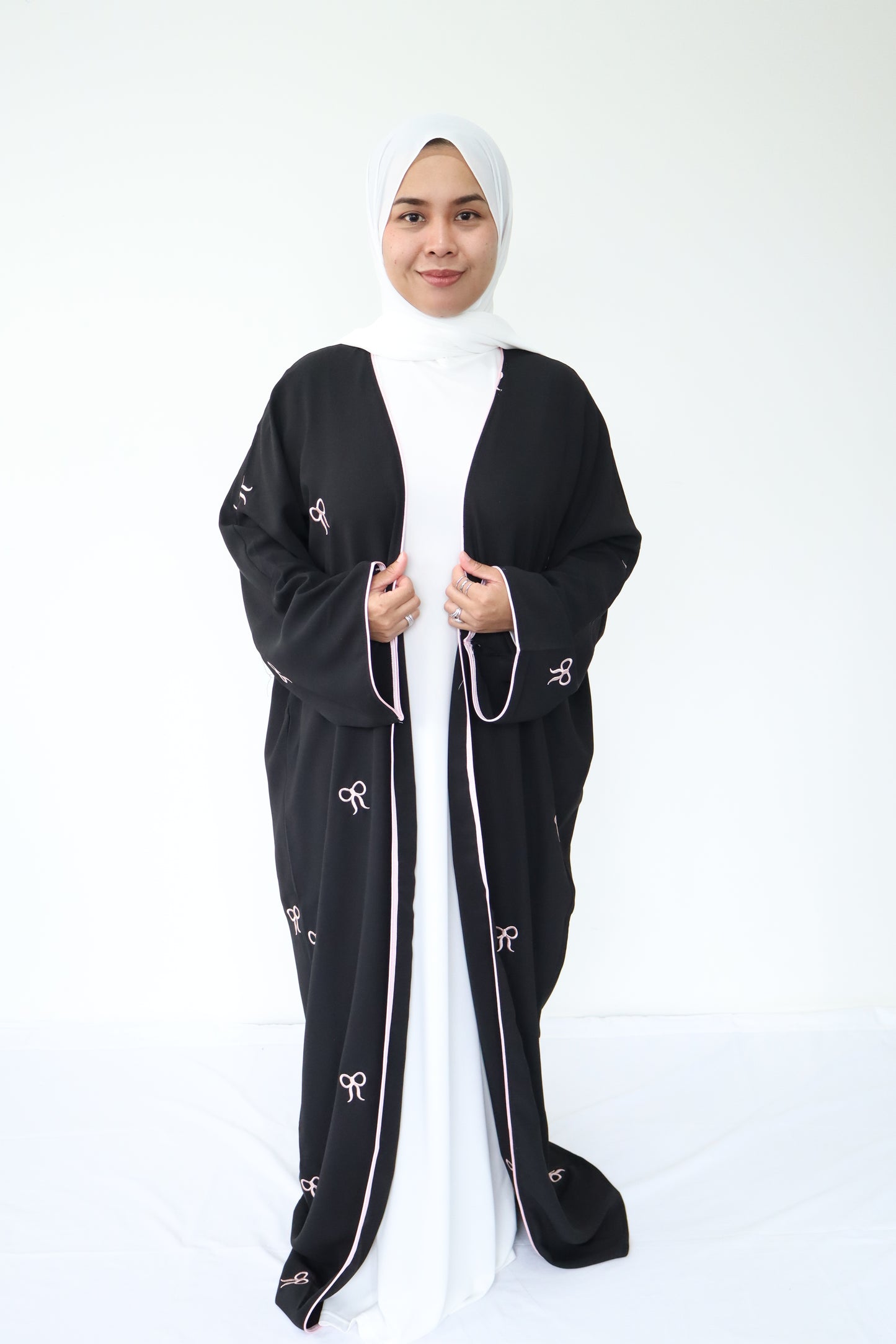 Bowknot open abaya set with white inner