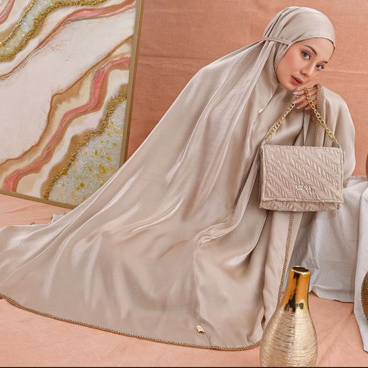 Amora Soft Shimmer Woman prayer Clothes set Jilbab + Skirt - Latte