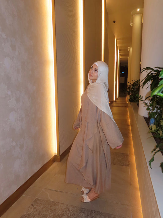 Noori Crepes Abaya - Beige ( Inner + Outer )