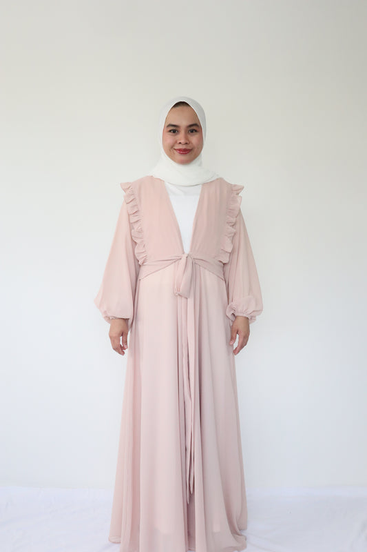 Ruffle Chiffon Abaya + slip dress - Beige