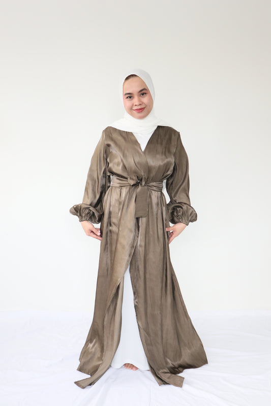 Shimmer silk Abaya + slip dress - Olives