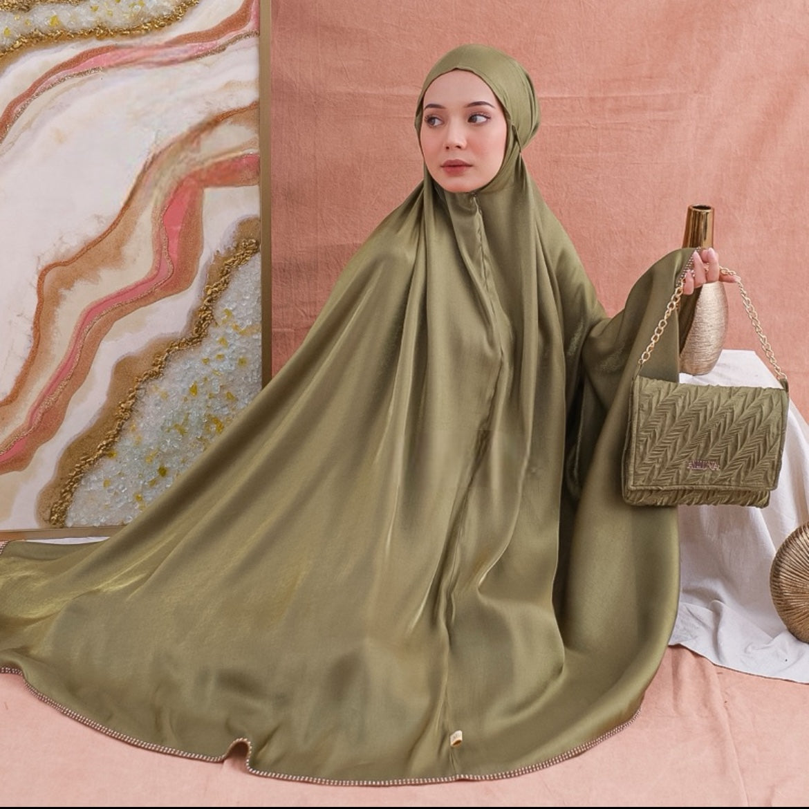 Amora Soft Shimmer Silk Woman prayer Clothes set  Jilbab + Skirt - Olive