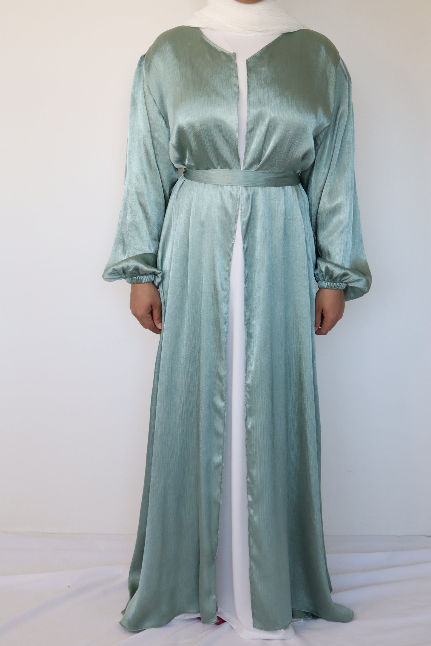 Textured silk Abaya + slip dress - Green tea