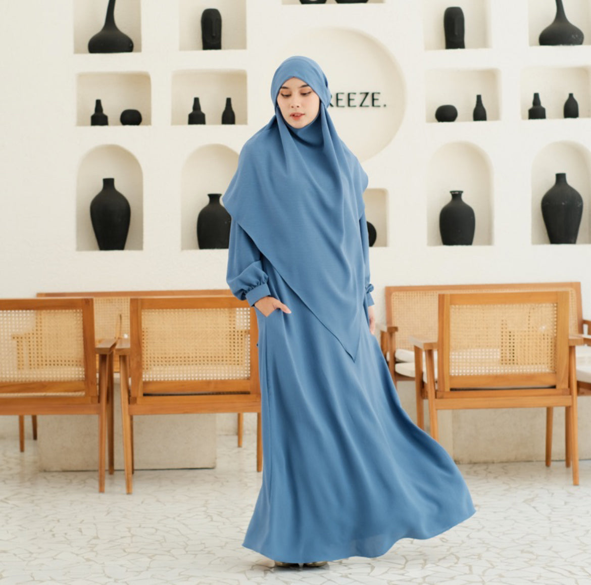 V Khimar Dress set - Denim