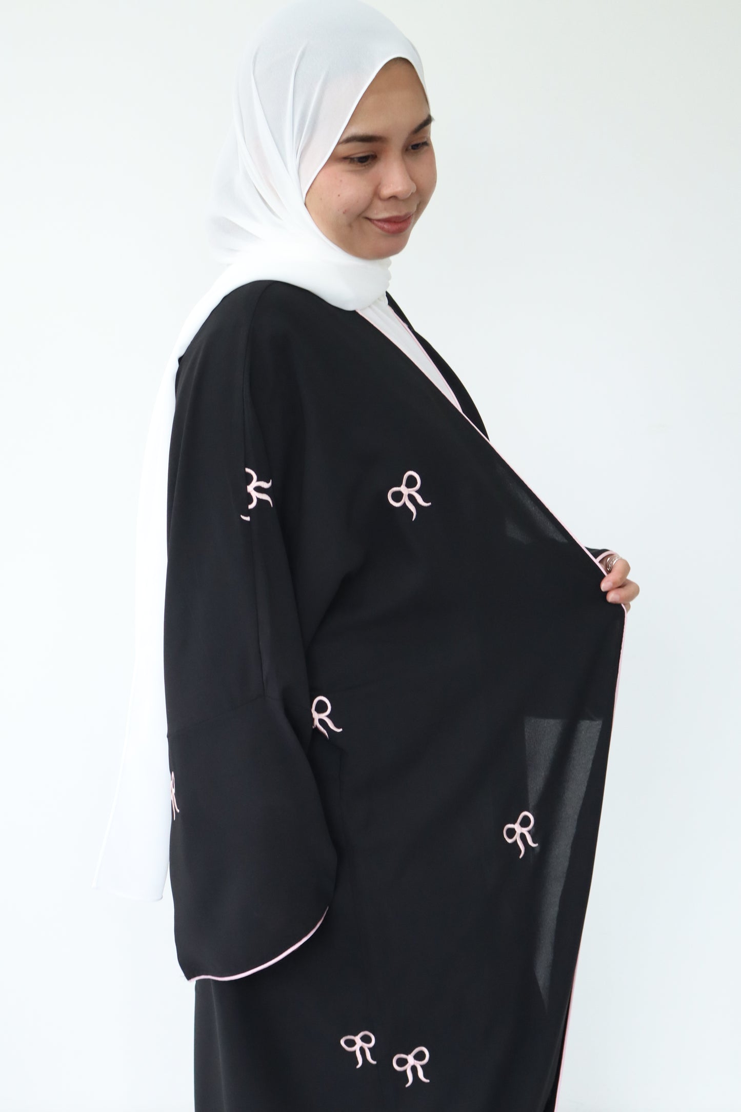Bowknot open abaya set with white inner
