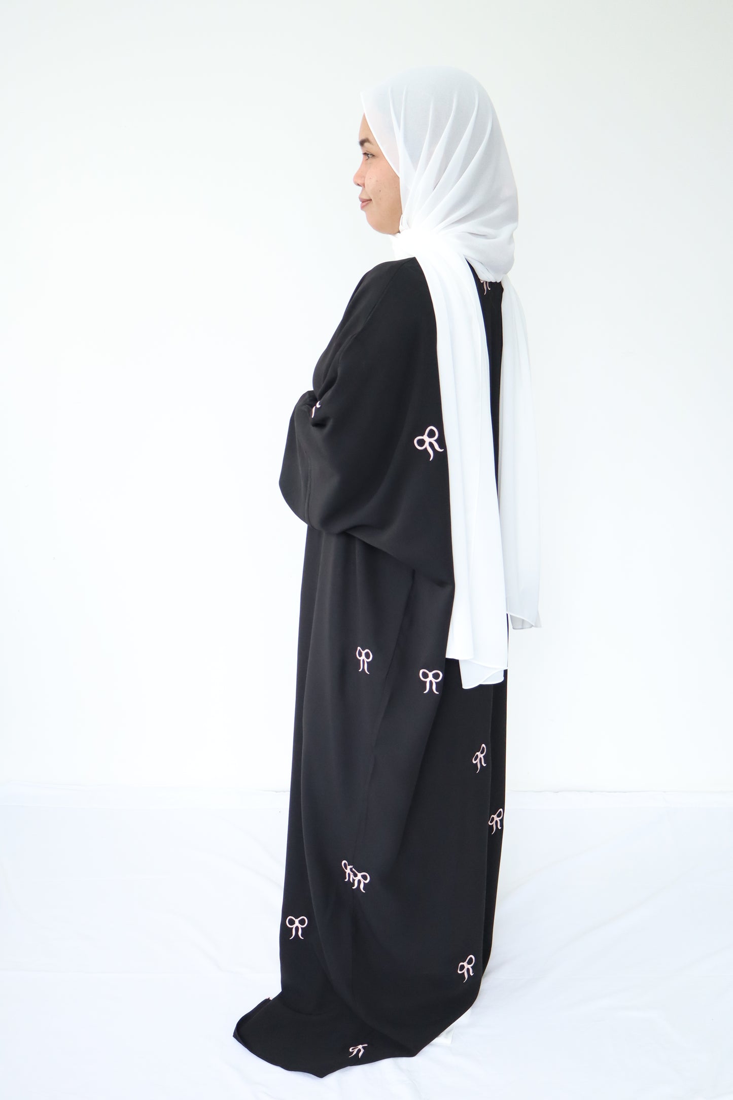 Bowknot open abaya set with white inner