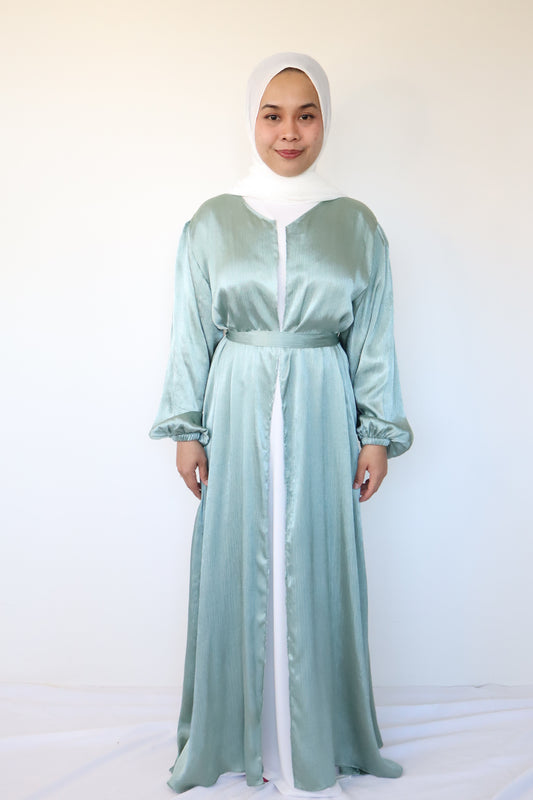 Textured silk Abaya + slip dress - Green tea